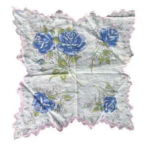 Vintage Blue Rose Floral Handkerchief – Scalloped Edge Cotton Hankie